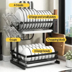 Doogo® Afdruiprek Met Lekbak 2 Laags – Inklapbaar - Muur Hangen Mogelijke - Afwasrek – Met 2 Lekbakken – Extra Accessories Voor Servies En Snijplanken - RVS -Woonwinkel 1195x1200 1