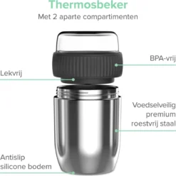 Coninx Thermos Lunchbox - Muesli Beker To Go - Isoleer Lunchpot - Yoghurtbeker To Go - Mueslibeker 840ml (600ml+240ml) - RVS -Woonwinkel 1195x1200