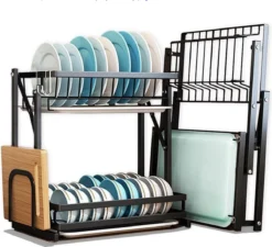 Doogo® Afdruiprek Met Lekbak 2 Laags – Inklapbaar - Muur Hangen Mogelijke - Afwasrek – Met 2 Lekbakken – Extra Accessories Voor Servies En Snijplanken - RVS -Woonwinkel 1200x1095