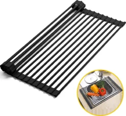 Kitch&Life Afdruiprek Oprolbaar - Mat Zwart - Pannenonderzetter - Afdruipmat - Keukenrek 3-in-1