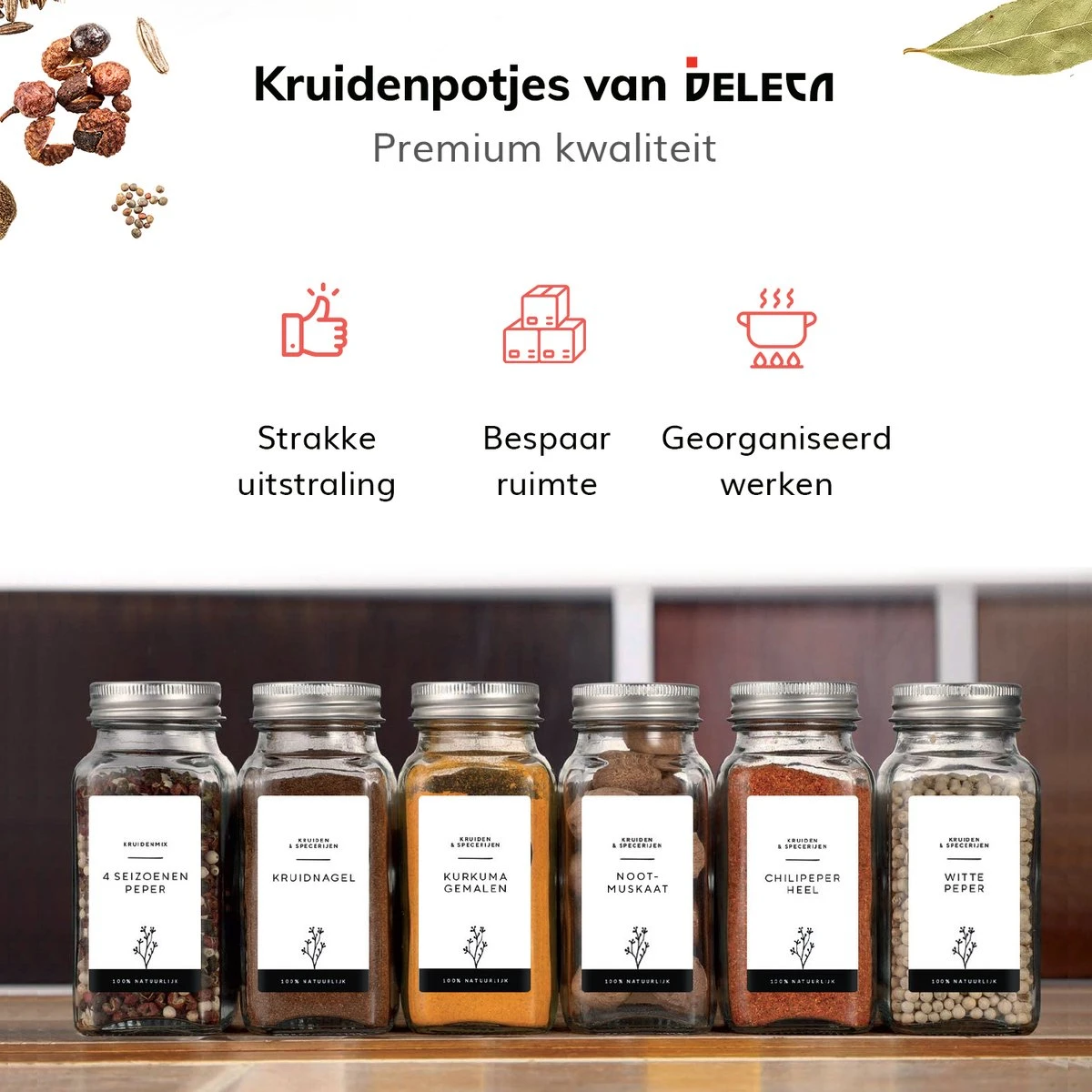 Deleca 24 Glazen Kruidenpotjes - Incl. 3 Soorten Stickers En Strooideksel Set - Voorraadpotten Glas Met Deksel - Kruidenstrooier - 10,5 X 4,3 Cm - Vierkant / 120 Ml 2 Deleca 24 Glazen Kruidenpotjes - Incl. 3 Soorten Stickers En Strooideksel Set - Voorraadpotten Glas Met Deksel - Kruidenstrooier - 10,5 X 4,3 Cm - Vierkant / 120 Ml - Afbeelding 2