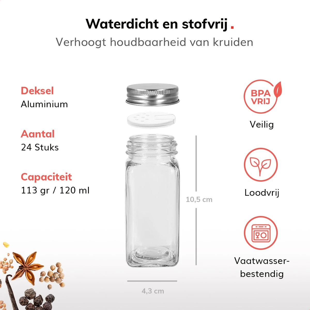 Deleca 24 Glazen Kruidenpotjes - Incl. 3 Soorten Stickers En Strooideksel Set - Voorraadpotten Glas Met Deksel - Kruidenstrooier - 10,5 X 4,3 Cm - Vierkant / 120 Ml 10 Deleca 24 Glazen Kruidenpotjes - Incl. 3 Soorten Stickers En Strooideksel Set - Voorraadpotten Glas Met Deksel - Kruidenstrooier - 10,5 X 4,3 Cm - Vierkant / 120 Ml - Afbeelding 10