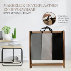 MIRI Wasmand 3 Vakken BAMBOE – Wassorteerder – Hout – Opvouwbaar – Wasbox – 105L – Gratis Schroevendraaier – Wasmanden – Laundry Basket -Woonwinkel 1200x1200 591