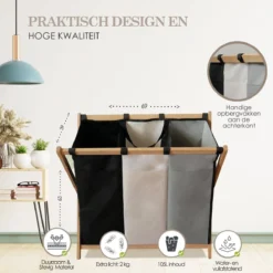MIRI Wasmand 3 Vakken BAMBOE – Wassorteerder – Hout – Opvouwbaar – Wasbox – 105L – Gratis Schroevendraaier – Wasmanden – Laundry Basket -Woonwinkel 1200x1200 592