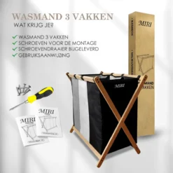 MIRI Wasmand 3 Vakken BAMBOE – Wassorteerder – Hout – Opvouwbaar – Wasbox – 105L – Gratis Schroevendraaier – Wasmanden – Laundry Basket -Woonwinkel 1200x1200 594