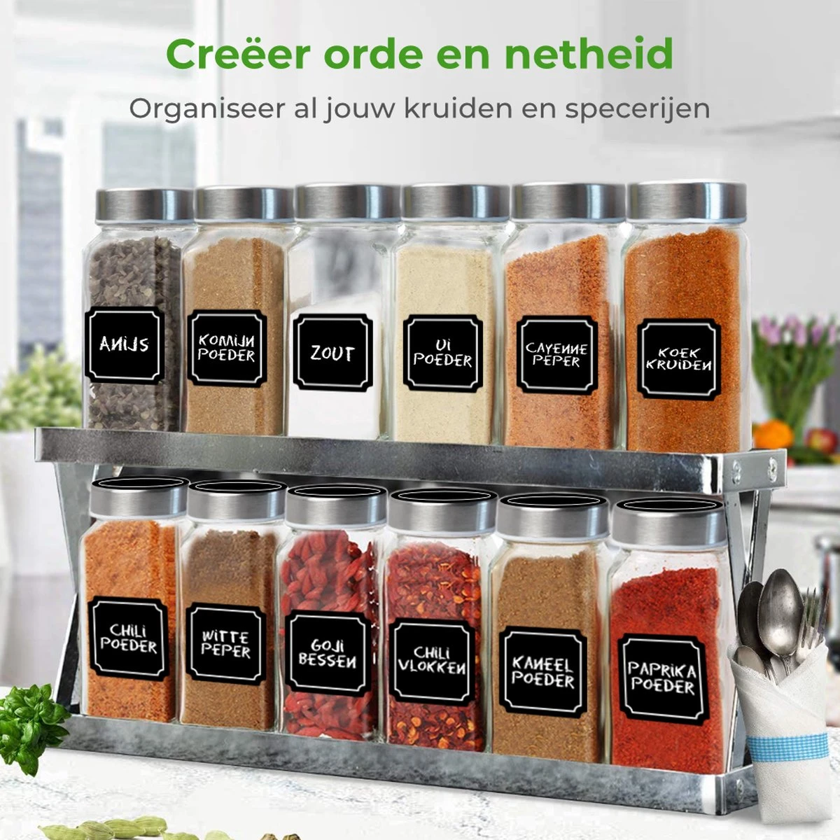 Soothe 48 Glazen Kruidenpotjes Set Met 2 Soorten Strooideksels – Kruidenstrooier – Compleet Pakket Incl Kruidenpotjes Stickers, Krijtstift En Accessoires 2 Soothe 48 Glazen Kruidenpotjes Set Met 2 Soorten Strooideksels – Kruidenstrooier – Compleet Pakket Incl Kruidenpotjes Stickers, Krijtstift En Accessoires - Afbeelding 2