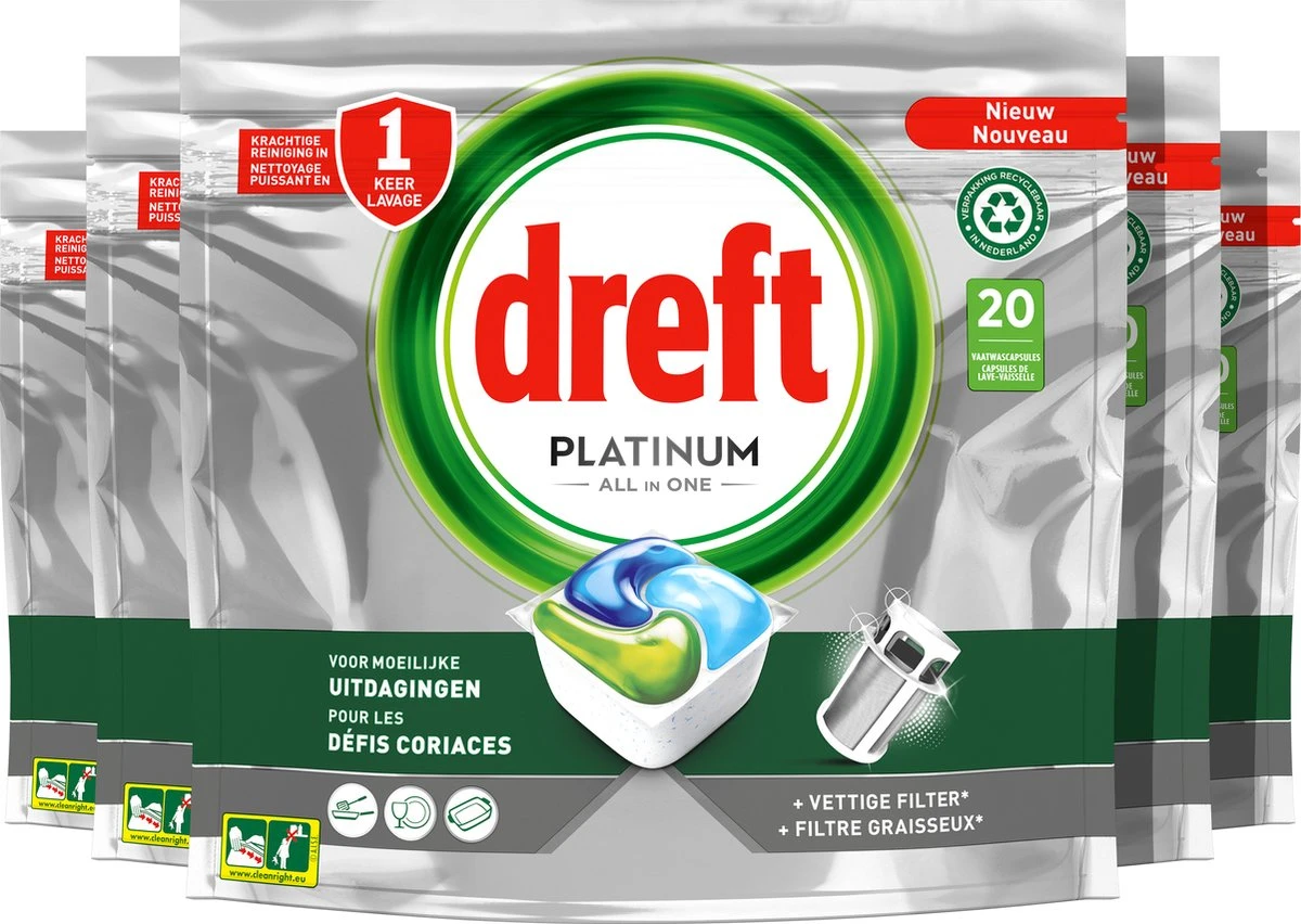 Dreft Platinum All In One - Vaatwascapsules - Original - Voordeelverpakking 5 X 20 Capsules 1 Dreft Platinum All In One - Vaatwascapsules - Original - Voordeelverpakking 5 X 20 Capsules