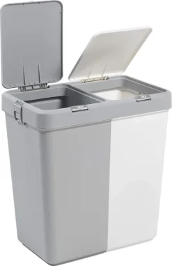 Motek® - Wasmand - 2 Vakken Met Deksel - Met Touch Deksel - Gemaakt Van 100% Gerecycled Kunststof - 80 L - Wasmand Met Deksel - Wassorteerder - Grijs - Wit